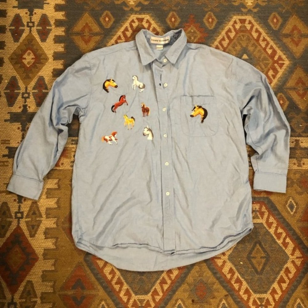 🔴Vintage horse button down chambray denim shirt